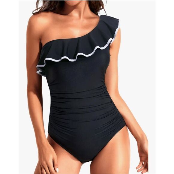 NEW 1 Pc Swimsuit Tummy Control 1 Shoulder Bathing Suit Ruffle 2X - Picture 1 of 6